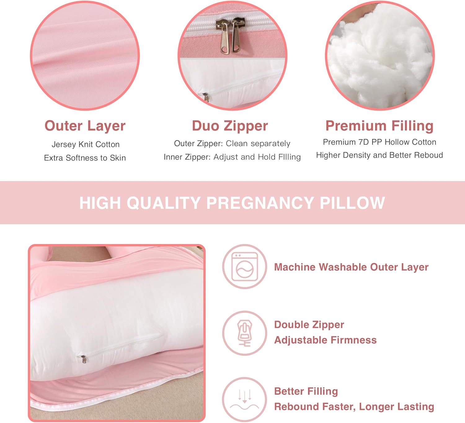 ALLOPERA Pregnancy Pillow - Full Body 57 Inch Maternity Support with Removable Washable Cover | Pink Milk Fiber