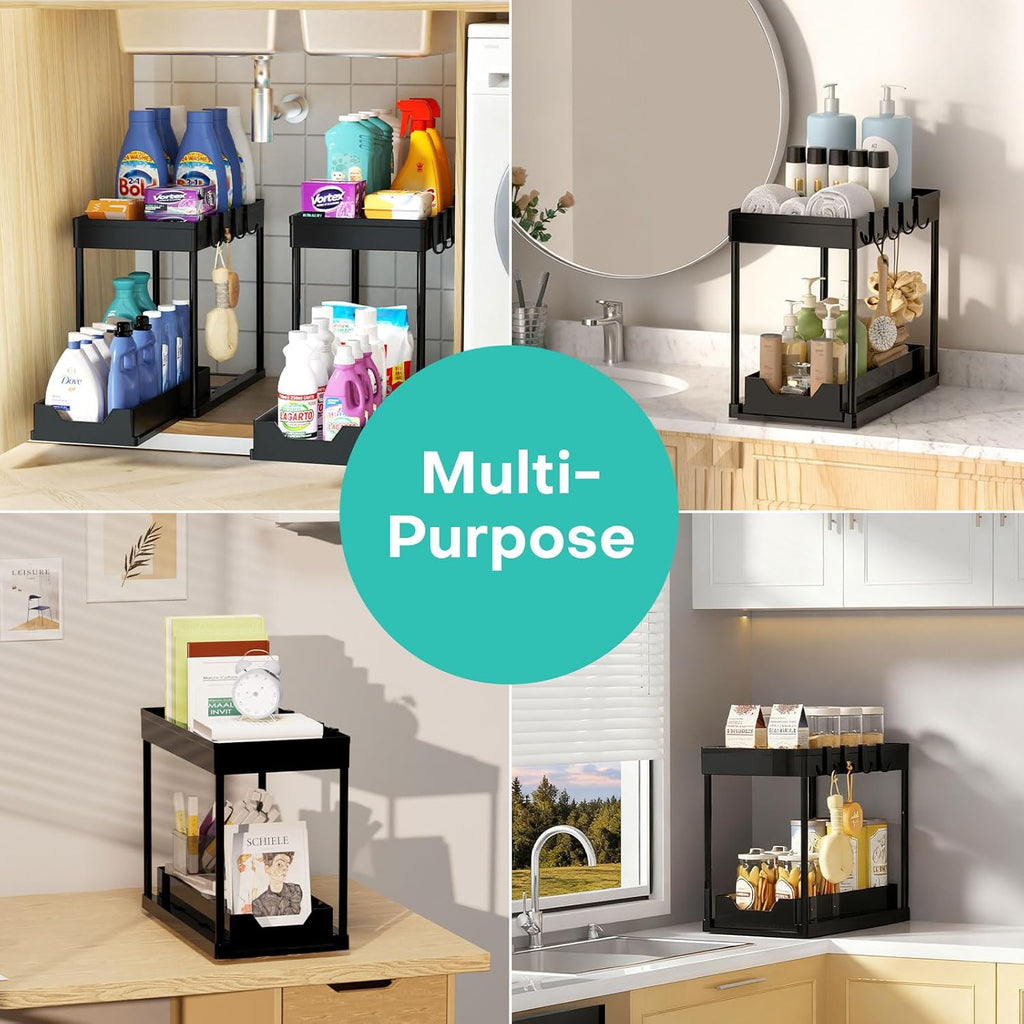 Under Sink Organizers by [Brand Name] - 2-Pack Pull-Out Sliding Cabinet Organizer with 2-Tier Storage & Hooks | 13 Inch, Black