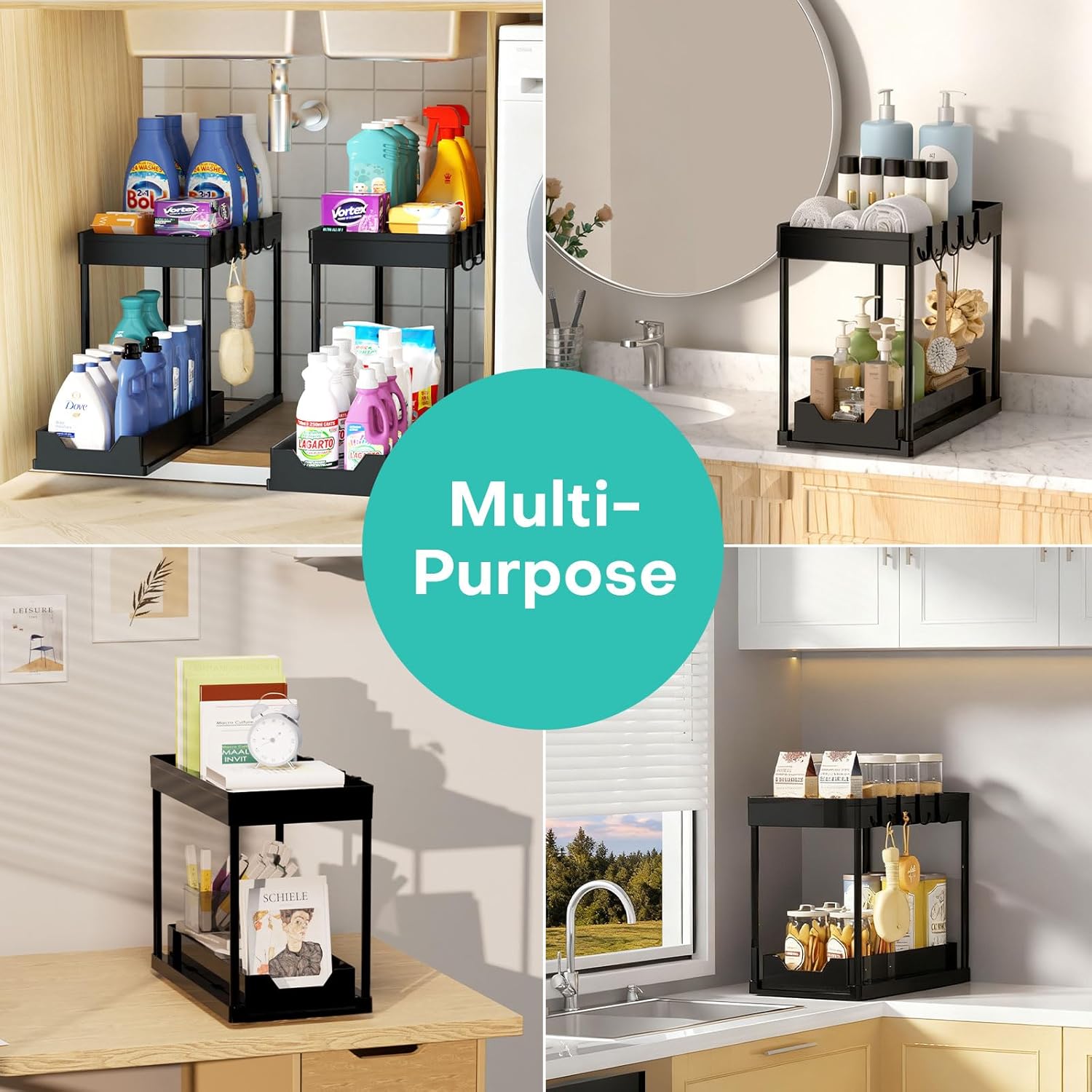 Under Sink Organizers by [Brand Name] - 2-Pack Pull-Out Sliding Cabinet Organizer with 2-Tier Storage & Hooks | 13 Inch, Black