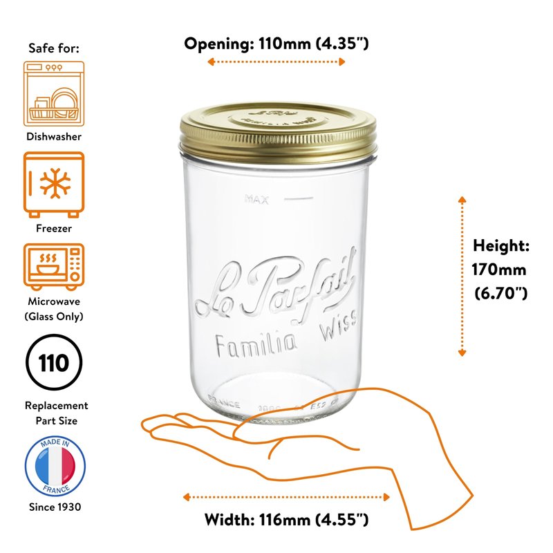 Le Parfait Familia Wiss 32oz (1L) Extra Wide Mouth (110mm) Glass Canning Jar – 1PK Made in France, Airtight 2-Piece Lid, Reusable Zero Waste & Eco-Friendly for Kitchen Storage & Meal Prep