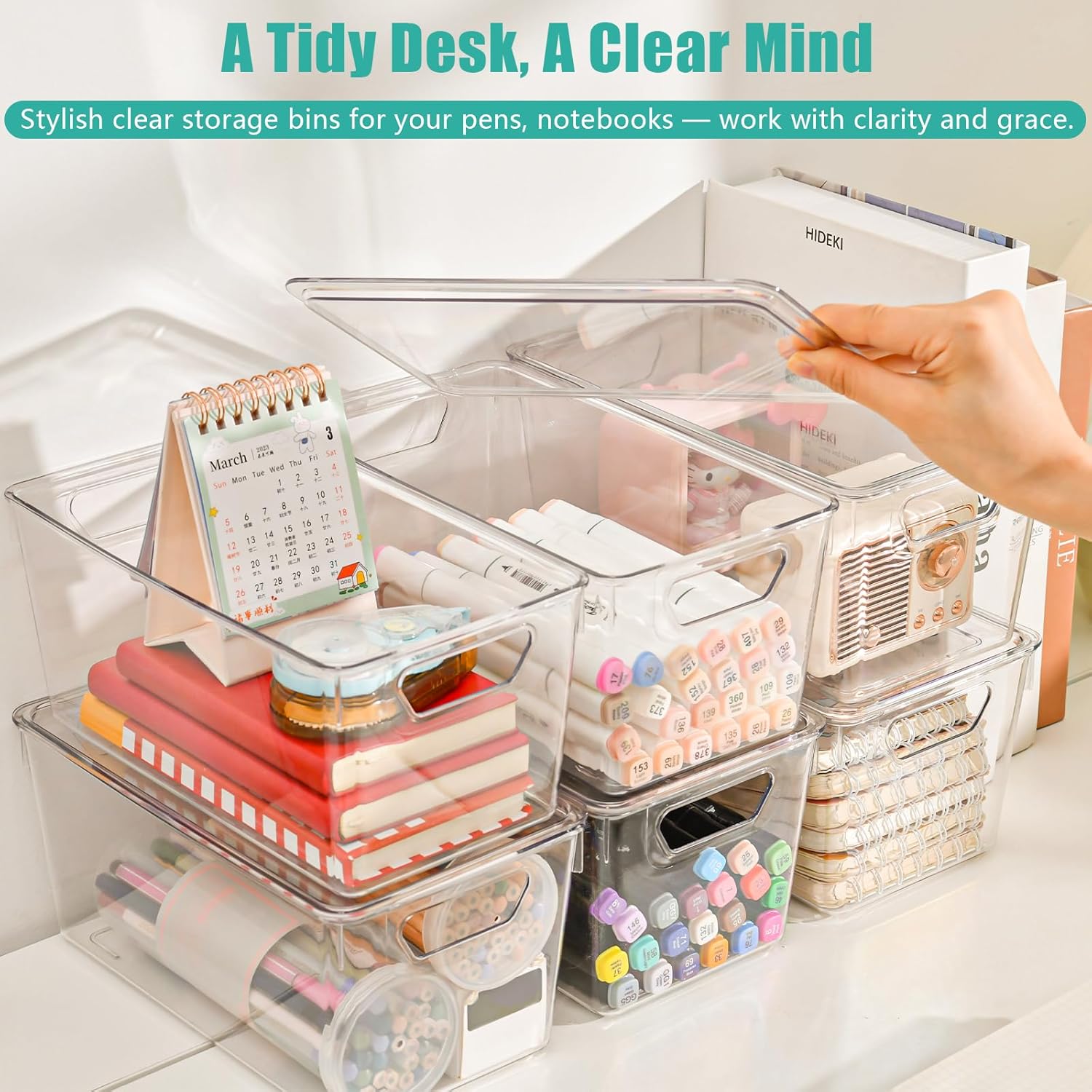 Skiennix 6-Pack Clear Storage Bins - Stackable Acrylic Craft Containers with Lids & Handles for Pantry, Kitchen, Office