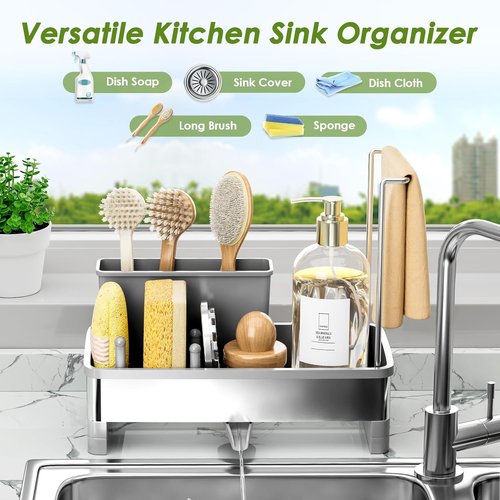Ewaiira Stainless Steel Sink Caddy - Rustproof Kitchen Organizer with Sponge Holder & Brush Rack | Gray 9.8”