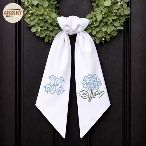 Monogram Wreath Sash Bow - Adjustable Farmhouse Door Decor | Embroidered Hydrangea Design