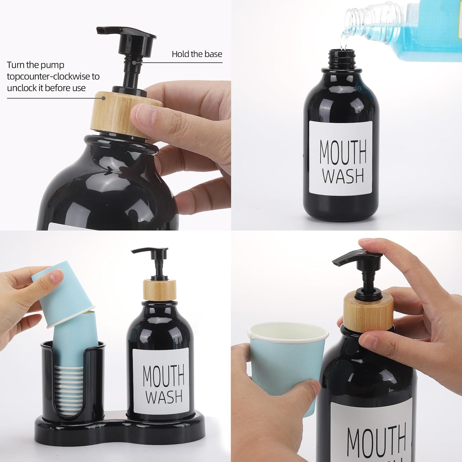 Skiennix Mouthwash Dispenser - 16oz Plastic Container with Cup Holder & Tray - Sleek Black Design