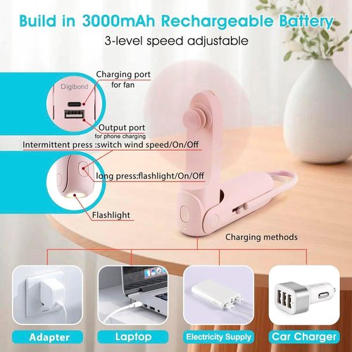 Digibond Portable Handheld Fan - 3000mAh USB Rechargeable, Lightweight & Foldable Travel Essential | Pink