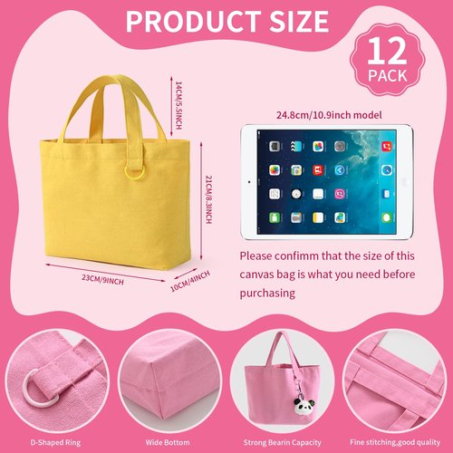 KIDJFGG 12 Pack Small Canvas Tote Bags, Mini Tote Bags Bulk for Women, DIY Blank Reusable Cute Sublimation Totes Bag with Handles & D Ring for Grocery, Mother's Day, Wedding Gifts (Multicolour)
