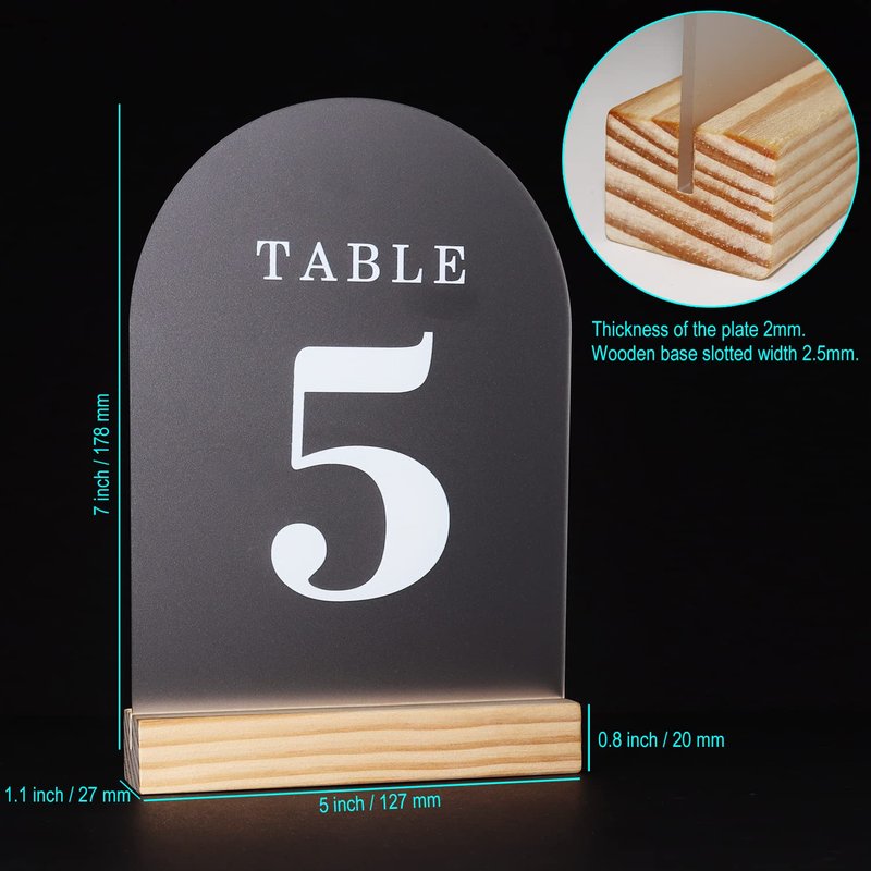 ORGANTEAM Wedding Table Numbers 1-20, Acrylic Arch Signs with Natural Wood Stands Holders, Rustic Table Decor for Reception & Parties (Frosted White)