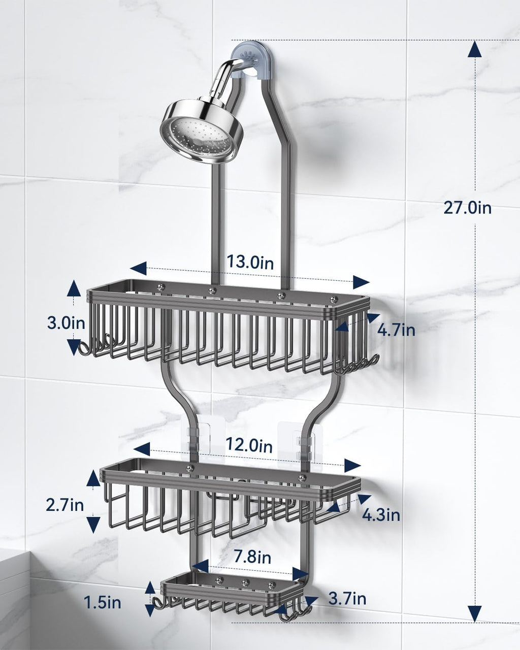 YASONIC Shower Caddy - Rust-Proof Aluminum Organizer with 10 Hooks & Soap Basket - Grey