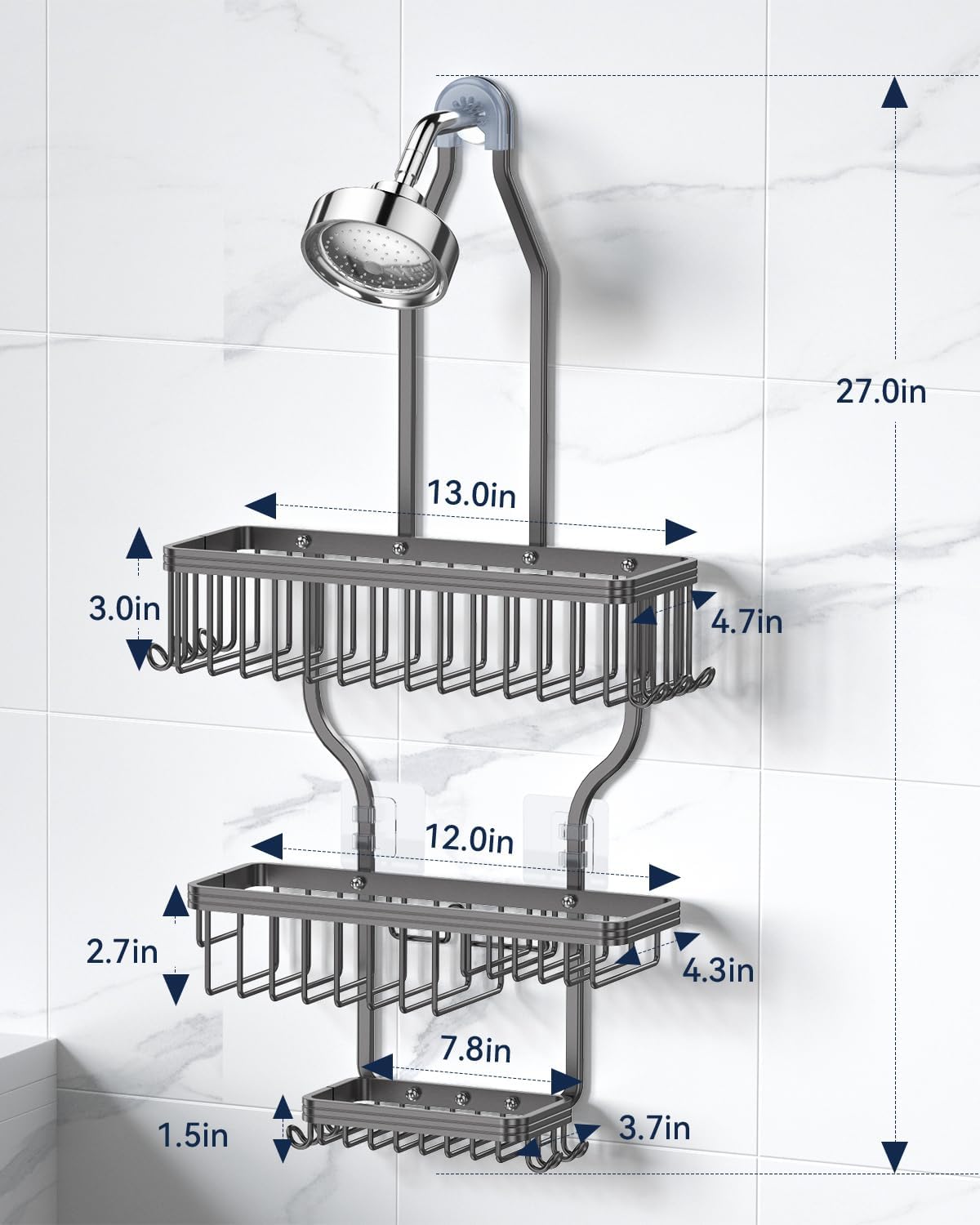 YASONIC Shower Caddy - Rust-Proof Aluminum Organizer with 10 Hooks & Soap Basket - Grey