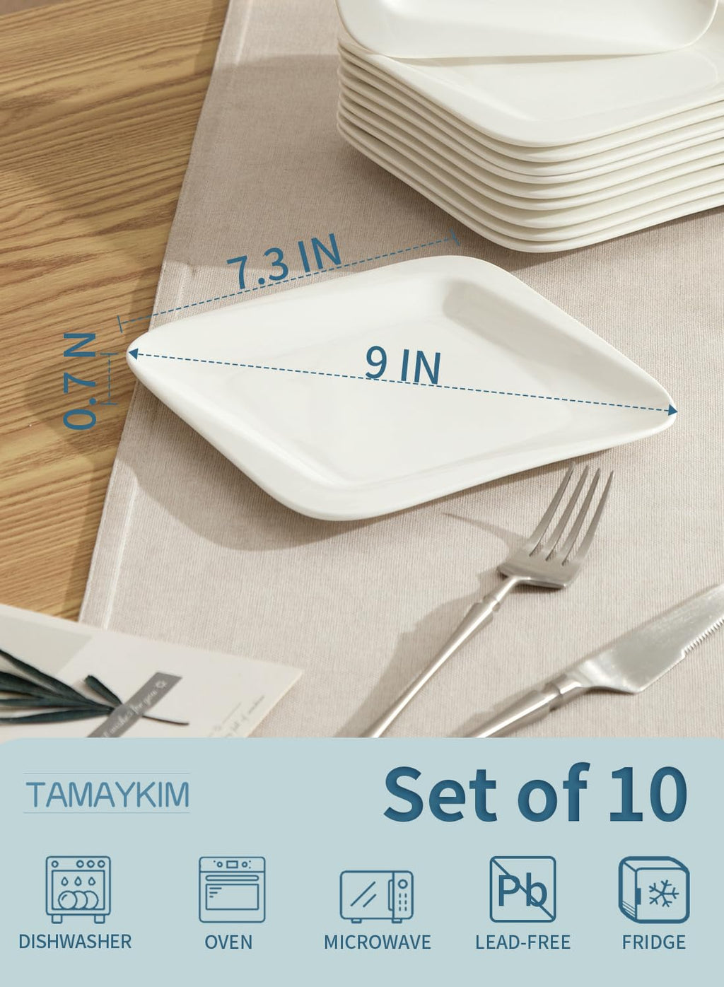 TAMAYKIM 7.3 Inch Porcelain Dessert Plates 10 Pieces, Appetizer Plates, Square Salad Dinnerware Sets, Scratch Resistant, Microwave, Oven and Dishwasher Safe, White