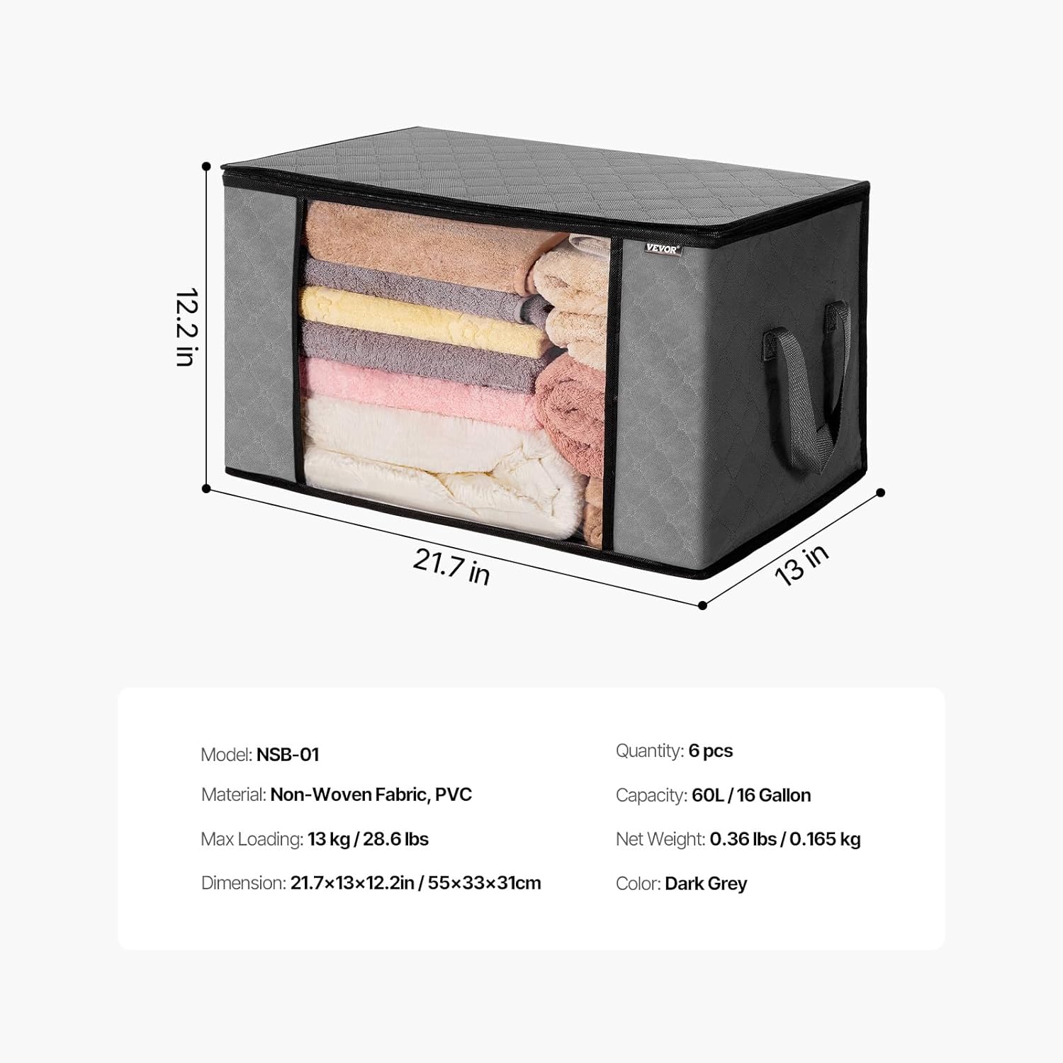 VEVOR 60L Large Storage Bags - 6 Pack Foldable Closet Organizers with Handles | Grey Non-Woven Fabric