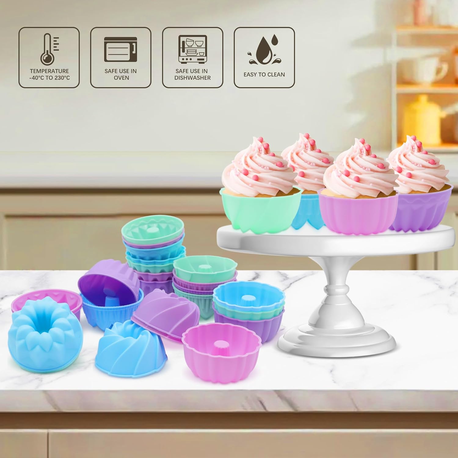 Skiennix Silicone Donut Mold - 24-Pack Nonstick Baking Cups | 3-Inch Oven & Dishwasher Safe