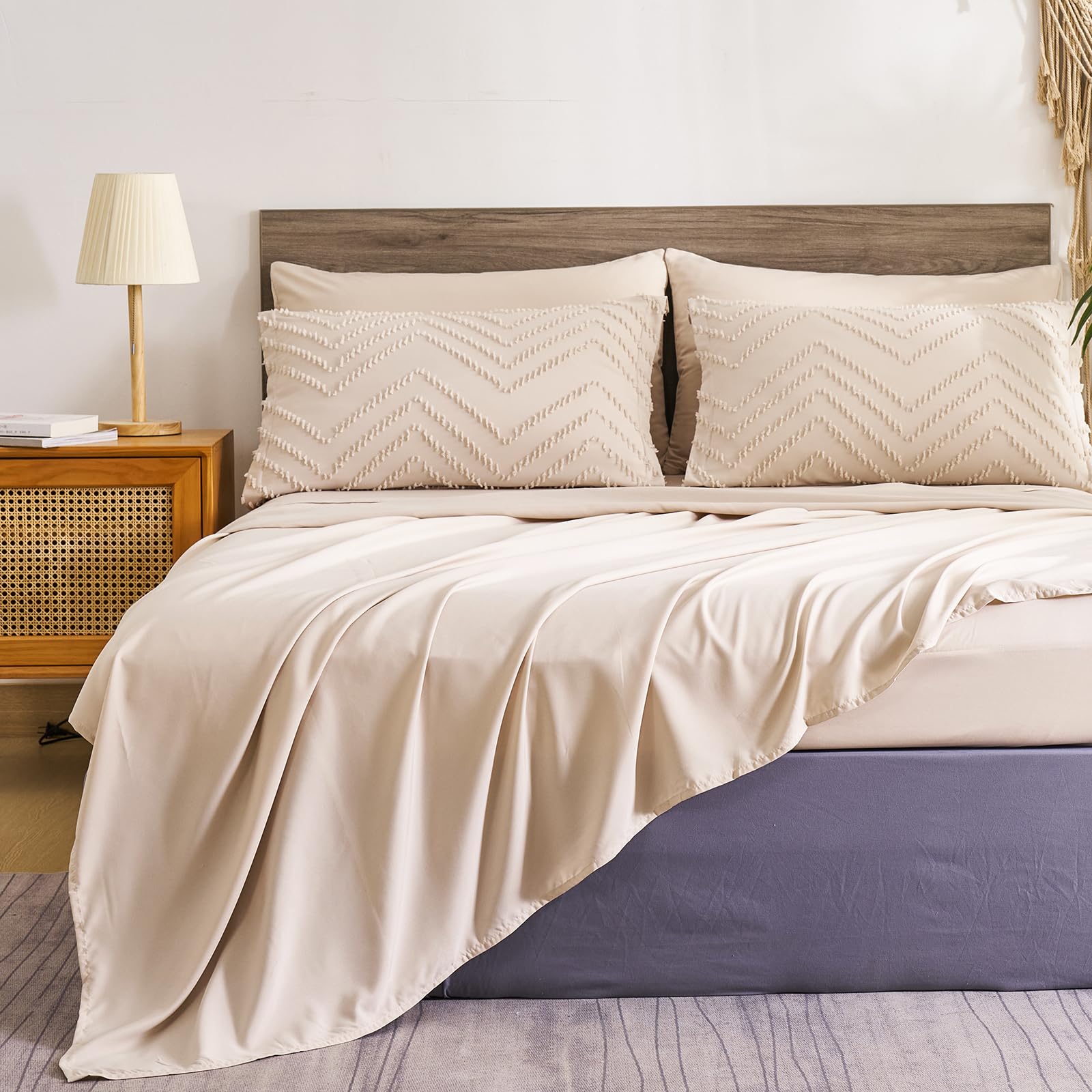 FLYMME Khaki Queen Comforter Set with Sheets,Tufted Bed in a Bag 7 Pieces, Chevron Boho Shabby Chic Farmhouse Bedding Set,Soft Microfiber Comforter for All Season（Khaki,90”*90”）