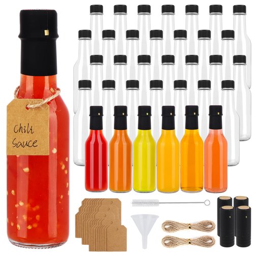 DADILL Hot Sauce Bottles 5 oz, 35 Pack Glass Woozy Bottles with Leak Proof Black Caps, Shrink Capsules & Brush, 150ml Empty Bottles for Hot Sauces, Home Bottling, Oils, Vanilla Extract & Gifts