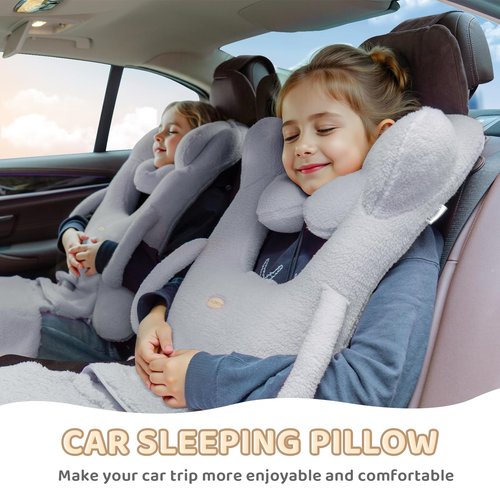 FLORICH Kids Travel Pillow, Car Sleeping Travel Pillow for Kids, Removable H-Shaped Pillow for Adults and Children to Support Head and Body Road Trips with Neck Pillow and Blanket (Grey)