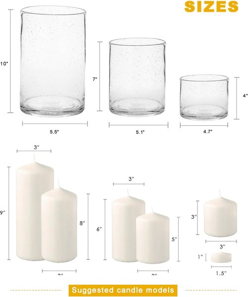 ARIAMOTION Hurricane Candle Holders - Hand Blown Glass Cylinder Vases | Set of 3 for Elegant Table Centerpiece