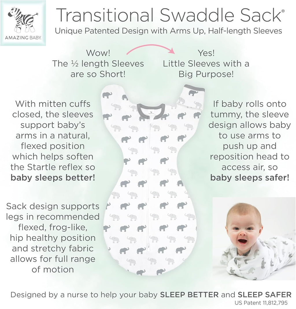 On Safari Amazing Baby Transitional Swaddle Sack - Arms Up Sleeves & Mitten Cuffs, Small 0-3 Months