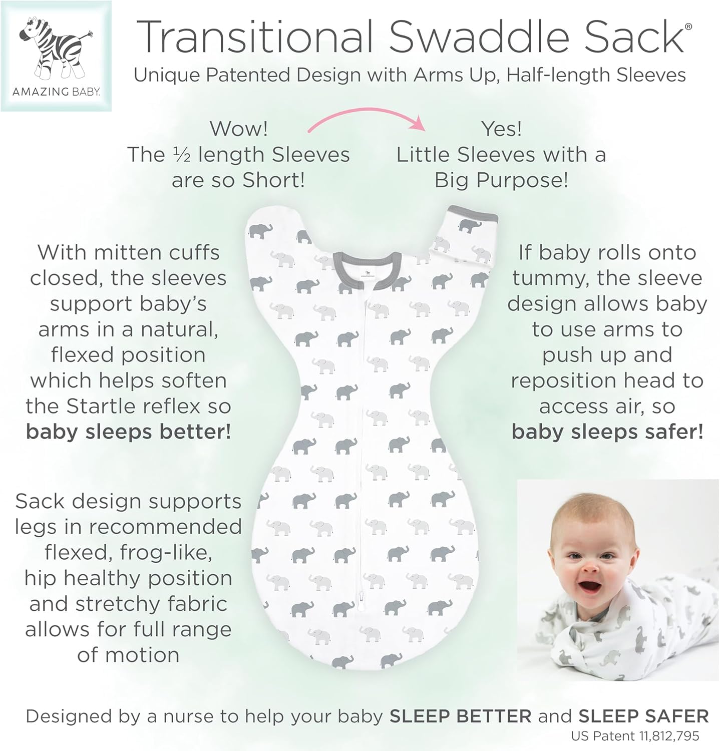 On Safari Amazing Baby Transitional Swaddle Sack - Arms Up Sleeves & Mitten Cuffs, Small 0-3 Months