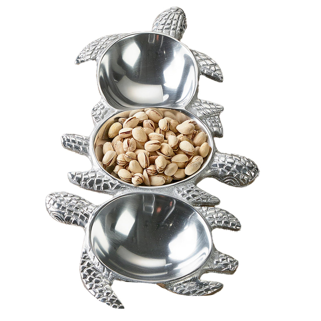 IHI EST. 1986 3-Section Sea Turtle - 17 x 10 Inch Silver Tone Polished Aluminum Candy Nut Serving Dish