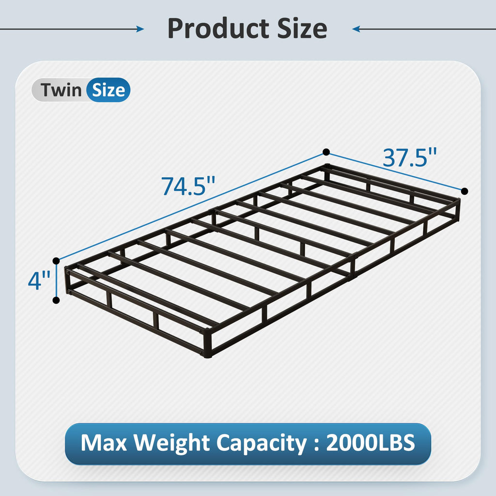 DiaOutro 4 Inch Low Profile Twin Box Spring with Fabric Cover, Heavy Duty Boxsping for Twin Bed, No Noise Mattress Foundation, Strong Metal Frame, Easy Assembly, Black