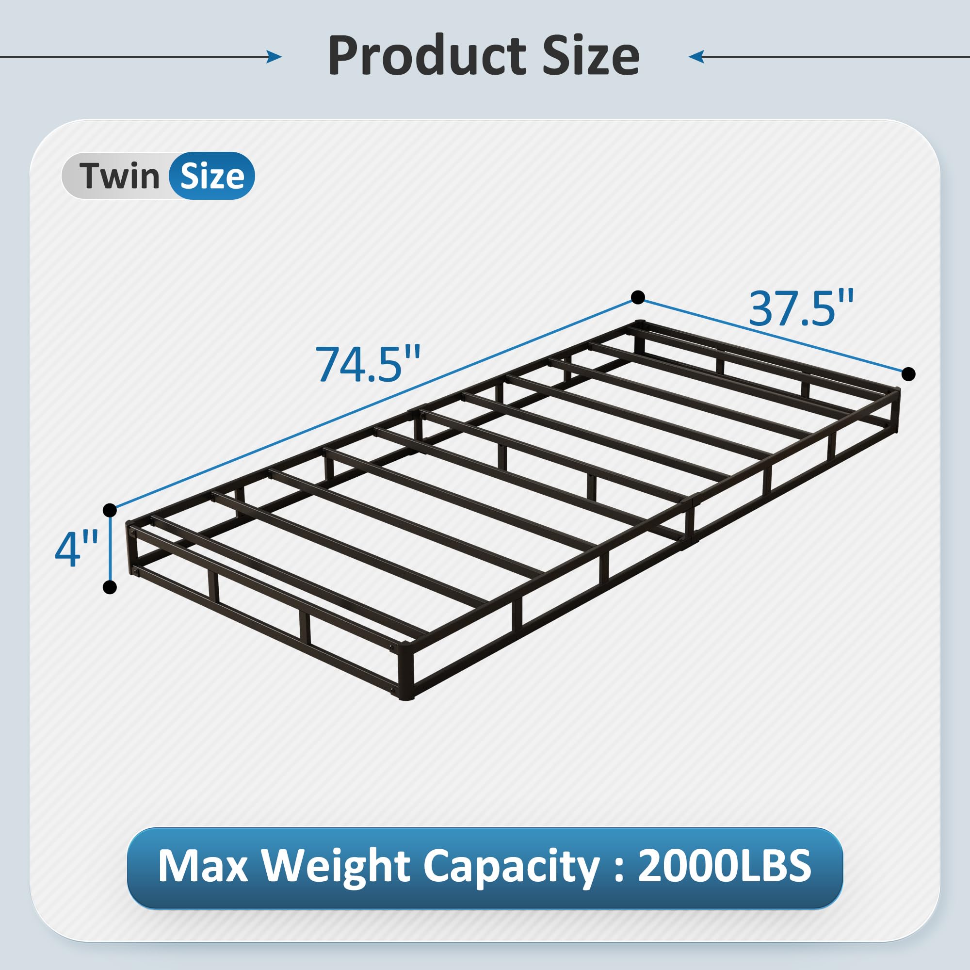 DiaOutro 4 Inch Low Profile Twin Box Spring with Fabric Cover, Heavy Duty Boxsping for Twin Bed, No Noise Mattress Foundation, Strong Metal Frame, Easy Assembly, Black