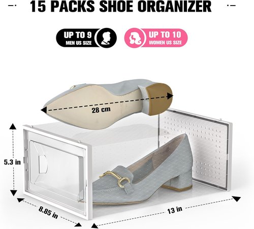 Kuject Shoe Storage Boxes - 15 Pack Large Clear Plastic Stackable Organizer for Closet | Fits Size 10 (White)