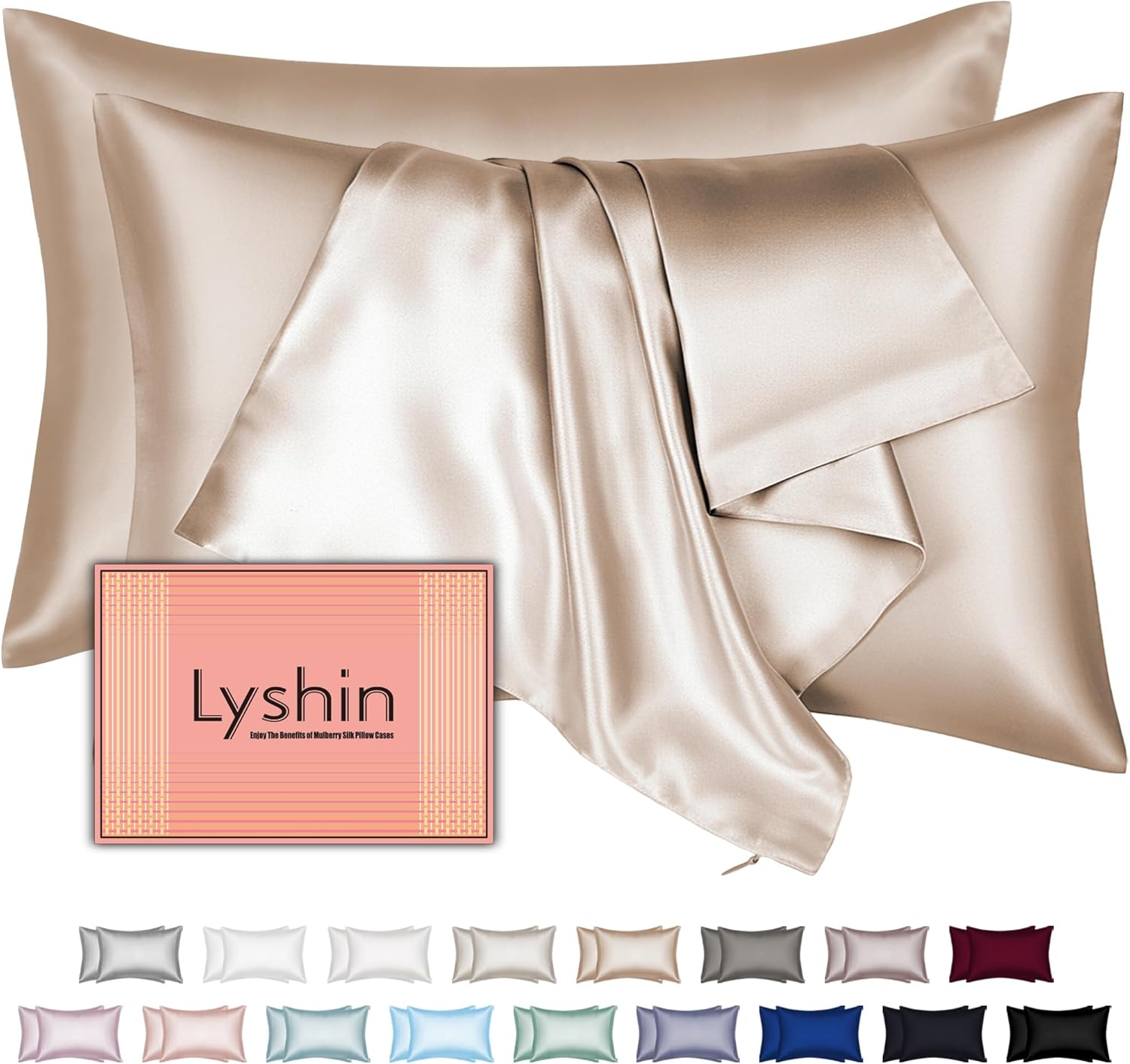 Skiennix Silk Pillowcases - 2 Pack Standard Size with Hidden Zipper | Mulberry Silk for Hair & Skin, Champagne