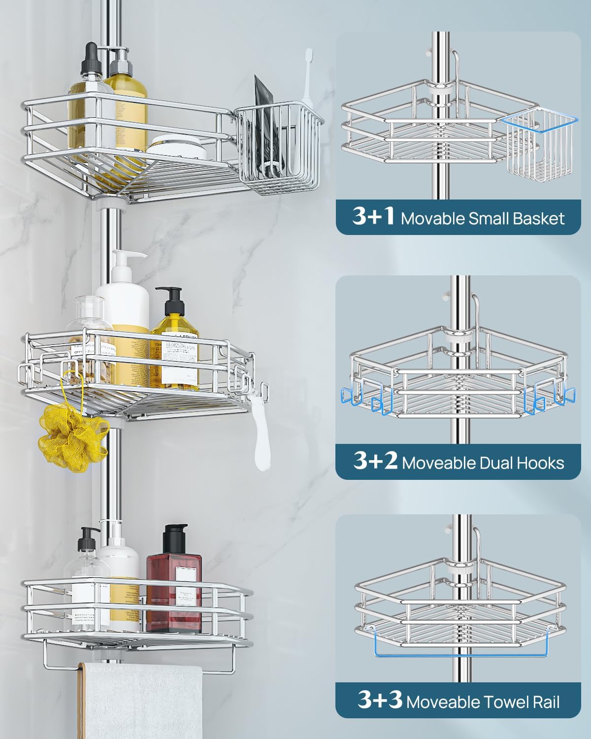 SEIRIONE Corner Shower Caddy - Rust-Free Tension Pole Organizer | 4-Tier Adjustable Shelf, Fits 34-116 Inch Height, Quick Setup, Silver