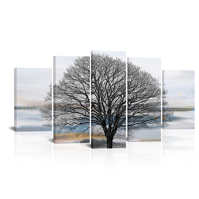 KLVOS Abstract Tree Canvas Wall Art 5 Panels Grey White and Blue Landscape Painting Modern Nature Artwork Pictures Living Room Bedroom Decoration