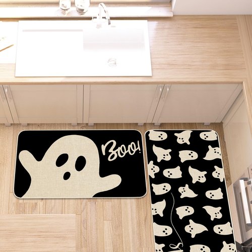 JarThenaAMCS Halloween Ghost Kitchen Mat Set of 2 Black Spooky Ghost Boo Kitchen Floor Mats Cute Non-Slip Door Rugs for Halloween Party Home Bathroom Entrance