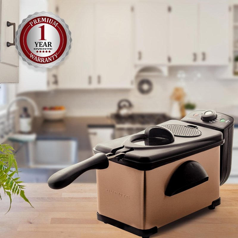 OVENTE Electric Deep Fryer 2L Capacity, Lid with Viewing Window, Adjustable Temperature, Removable Frying Basket & Cool Touch Handle, 1500W Power, Easy to Clean Stainless Steel Body, Copper FDM2201CO