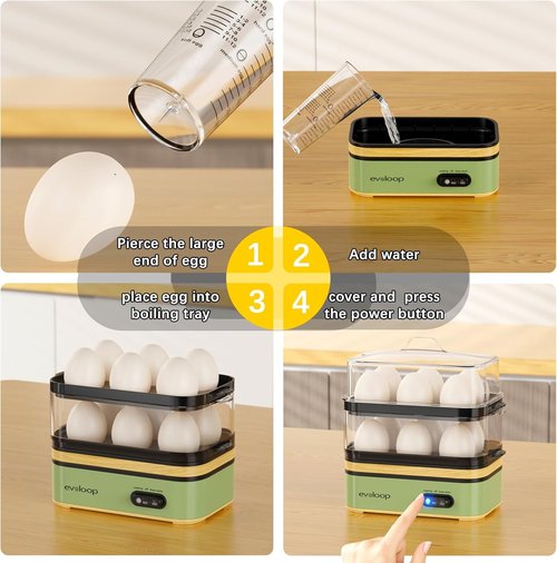 Evoloop Electric Egg Cooker - Rapid 12 Egg Capacity for Soft, Medium, Hard Boiled & Poached Eggs | BPA Free Green Tray