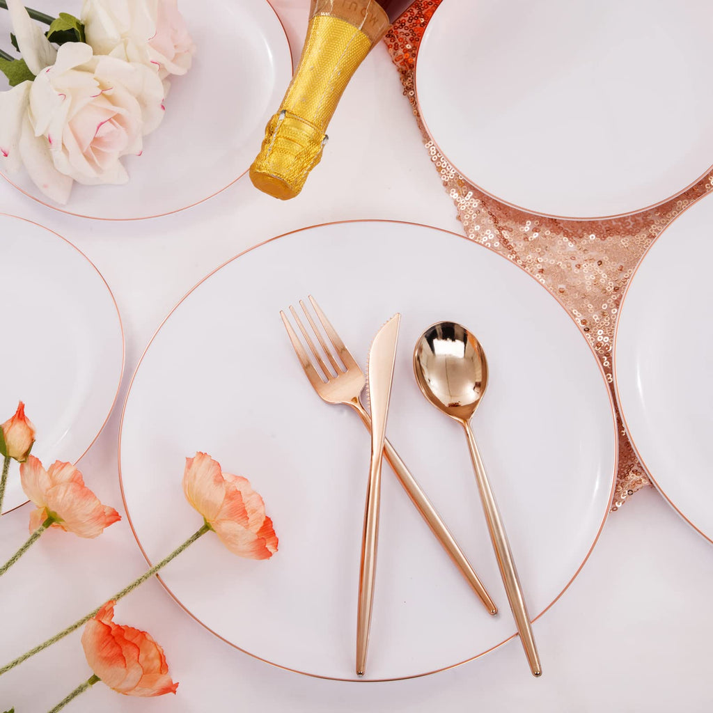 LUODA 350PCS Rose Gold Plastic Plates, Rose Gold Dinnerware Sets include：100 Party Plates, 50 Pre-Rolled Napkins with Rose gold Silverware and 50 10OZ Plastic Cups,Idea for Party