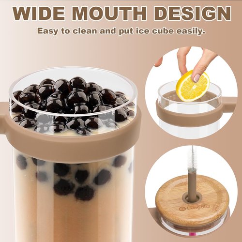 Luxgola 32 oz Glass Tumbler with Handle, Iced Coffee Cup with Bamboo Lid and Straws, Reusable Clear Glass Water Cup With Silicone Bumper - Fits in Car Cup Holder, Dishwasher Safe, BPA Free - Khaki