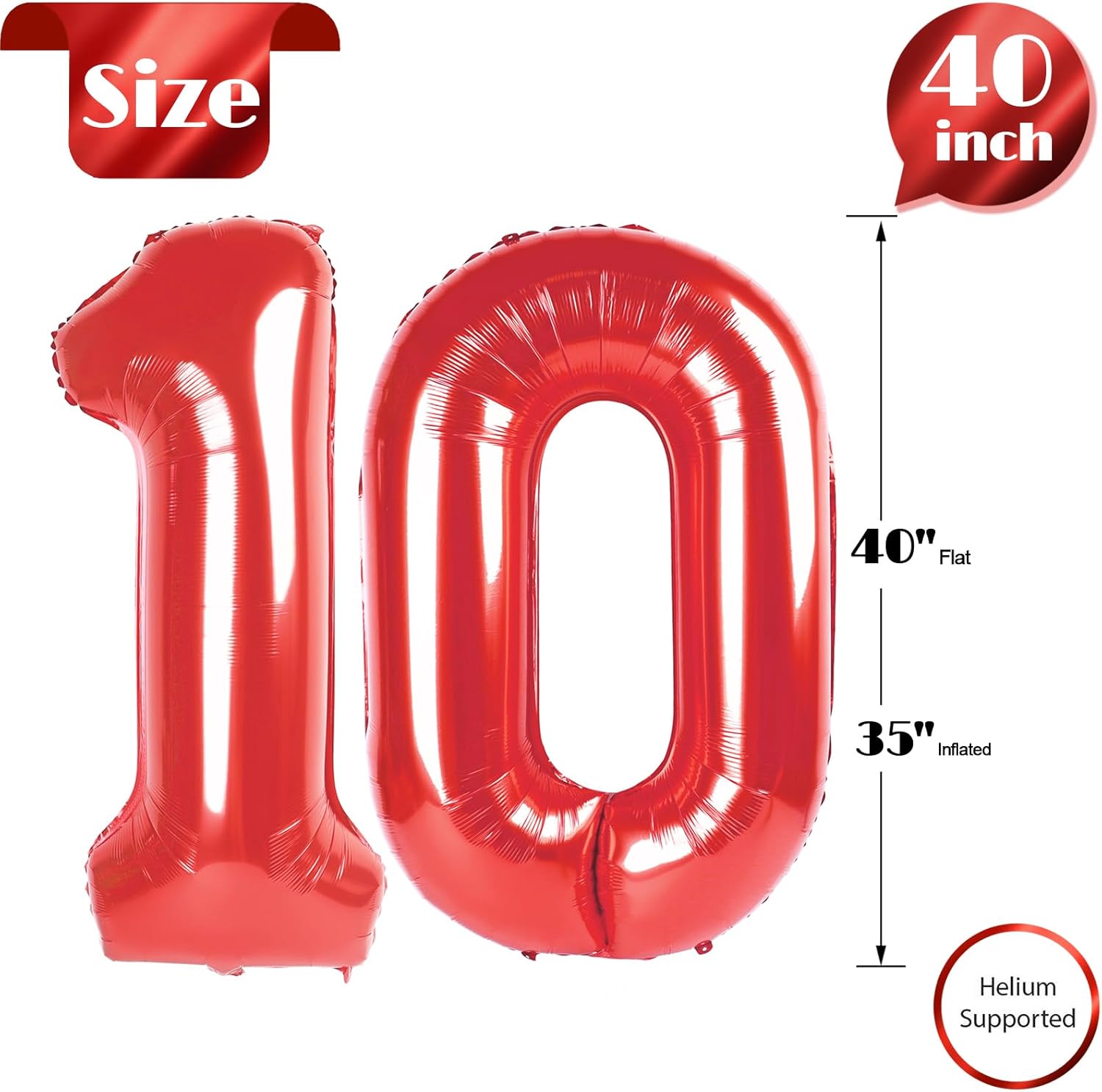 Red Number 10 Balloon - 40 Inch Birthday Decoration for 10th Birthday Party Supplies