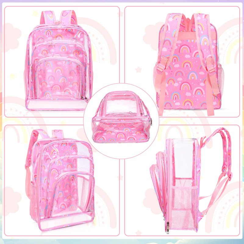 AmazingSpark 3 Pcs Clear Back to School Backpack for Girlslunch Bag Heavy Duty Transparent Rainbow Pink Bookbags with Lunch Box Pencil Case for Teen Girls Concert Stadium Events Approved See Through