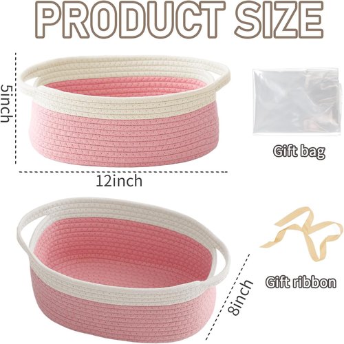 JMvicyroam Woven Basket - Small Rope Storage Bin with Handles for Organizing Shelves | White & Pink, 2 Pack