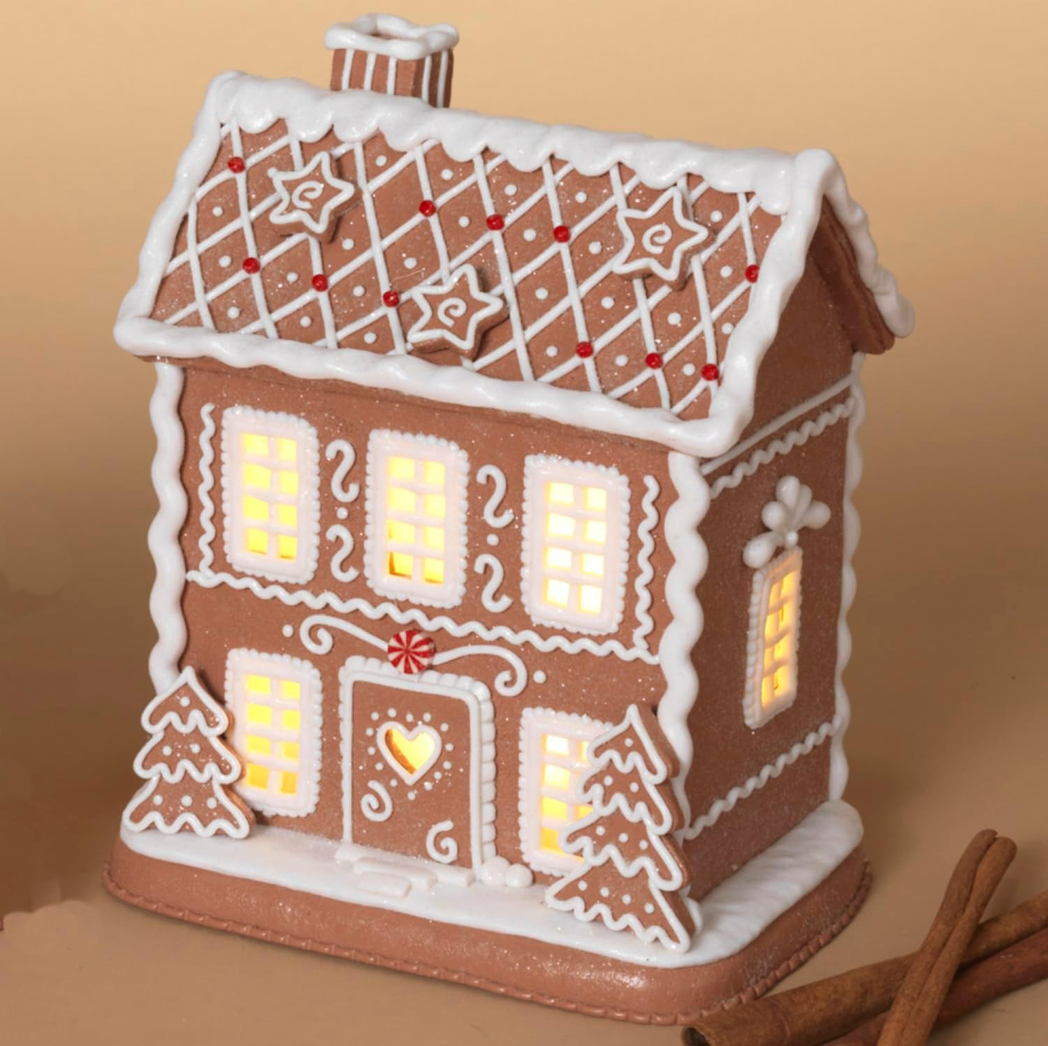 One Holiday Way Lighted Gingerbread House - 8.5-Inch Decorative Xmas Tabletop Decoration | Brown & White