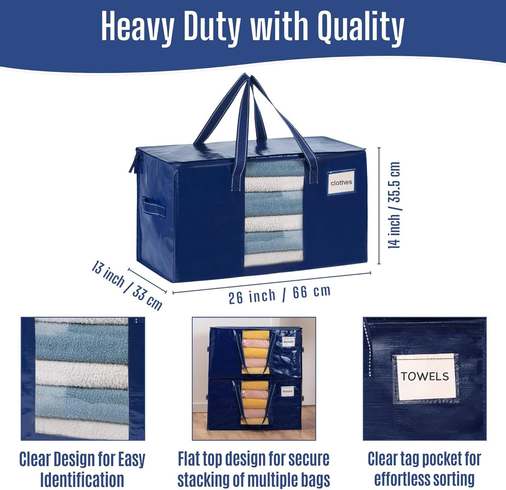 VENO Heavy Duty Moving Bags - Clear Window Storage for Clothes & Comforters | Foldable & Durable (Blue, 2 Pack)