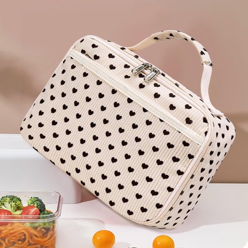 CAMTOP Kids Lunch Box Girls Corduroy Insulated Lunch Cooler Bag Reusable Lunch Tote Kit for School Travel(Heart)