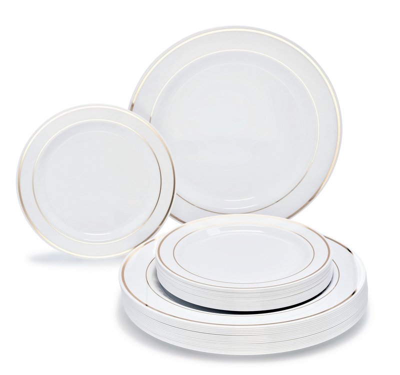 OCCASIONS 80 Plates Pack,(40 Guests) Heavyweight Premium Wedding Party Disposable Plastic Plates Set -40 x 10.5'' Dinner + 40 x 7.5'' Salad/Dessert (White & Gold Rim)
