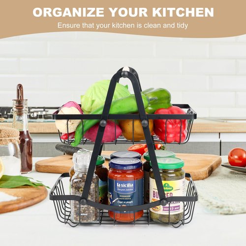 2 Tier Fruit Basket, Detachable Metal Fruit Bowl Holder Vegetable Basket Stand with Wood Handle for Kitchen Counter, Large Capacity Fruit Storage Stand Organizer for Produce Bread Snack, Black
