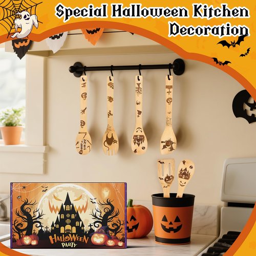 5 Pcs Halloween Kitchen Utensils Wooden Spoons Set-（with Aprons）Kitchen Cooking Utensils Set,Suitable for Home Halloween Kitchen Decor or Home Baking Championship-Gift-Ready