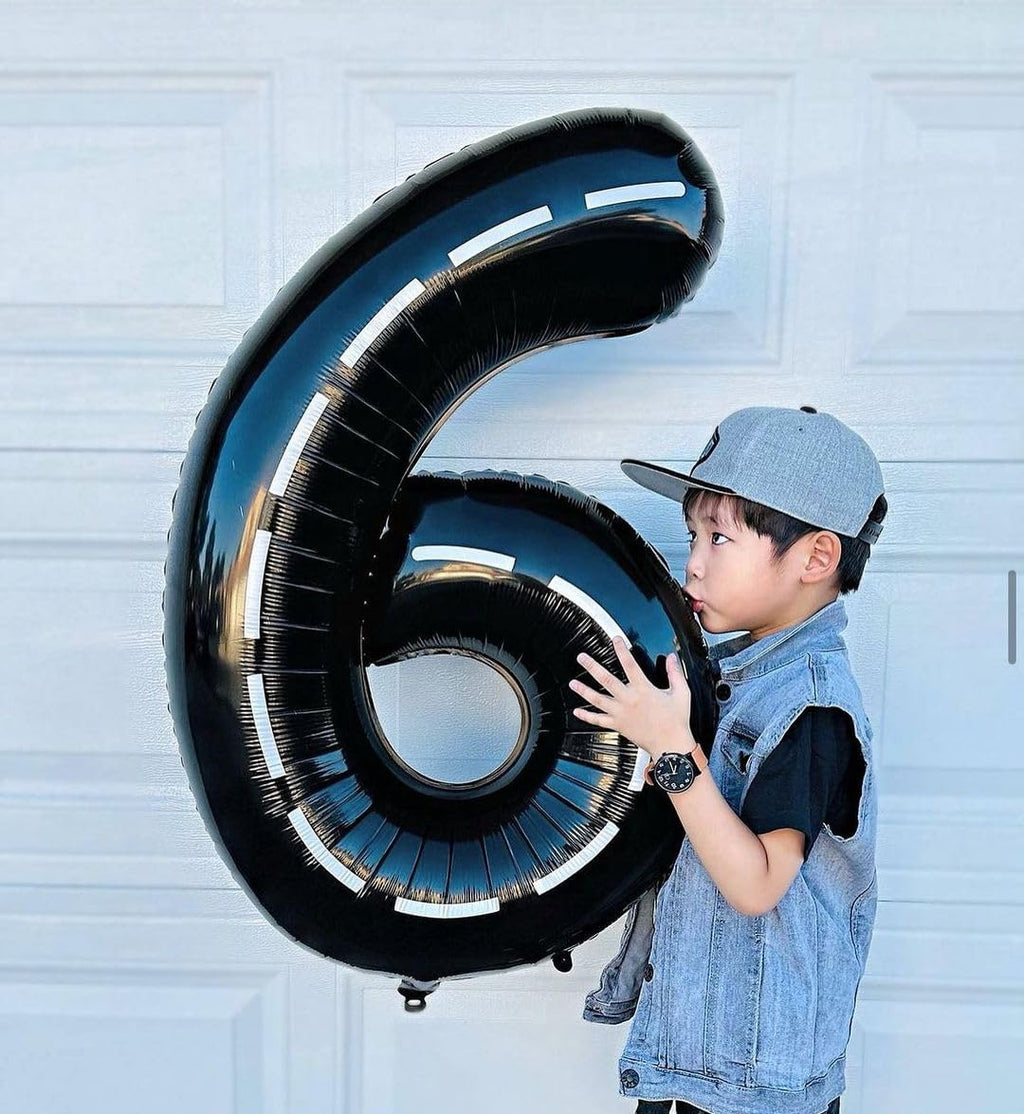 Race Car 6 Balloon - 40 Inch Black Number 6 Balloon for Birthday Decorations | Race Party Decor