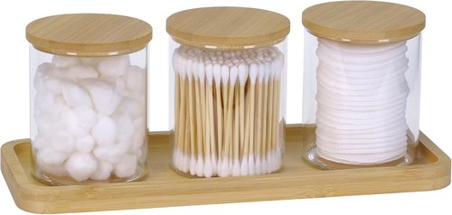 INIUNIK Qtip Holder - 3 Pack Glass Apothecary Jars with Lids | Stylish Bathroom Organizers for Cotton Balls, Swabs, and More