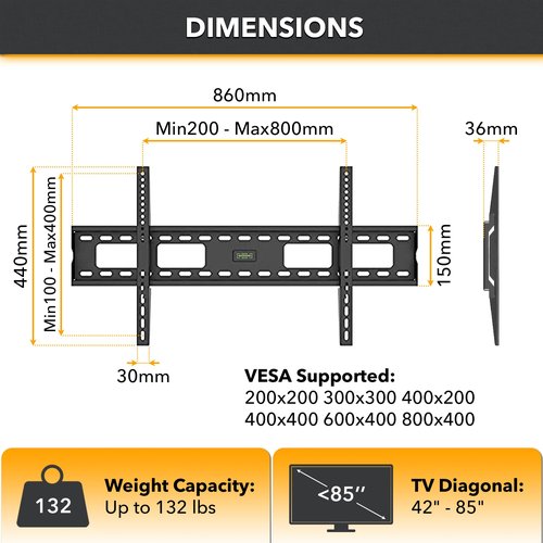 CondoMounts TVF8084 Fixed TV Wall Mount for Steel Stud | NO Stud Drywall | TV Mount Metal Studs | Holds 200lbs | Fits 42-in. to 75-in. TVs | Includes 200lbs Elephant Anchor Set & 1 Titanium Drill Bit