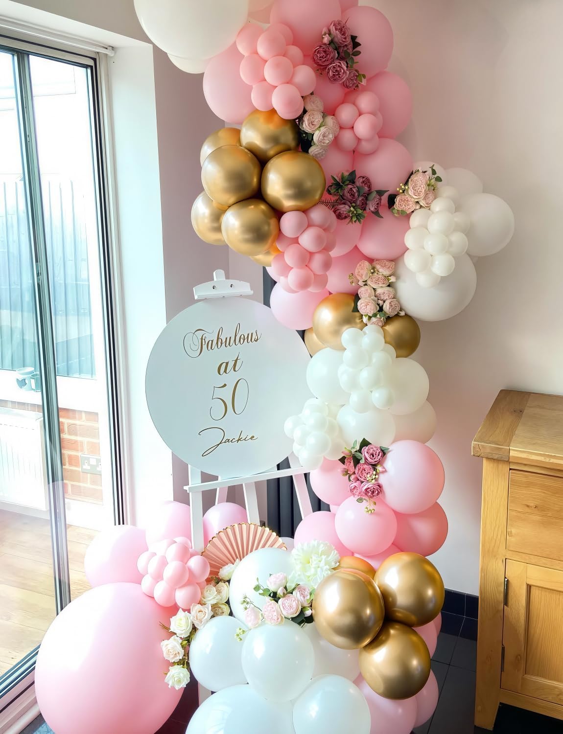 Skiennix Pink and Gold Balloons Set - 12 Inch Light Pink & White with Shiny Metallic Gold Glitter Confetti for Birthday & Baby Shower Decorations