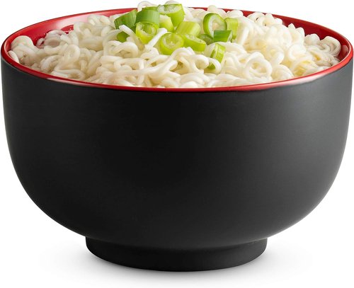 KooK Ramen Bowl - Large Ceramic Noodle Bowls | Microwave & Dishwasher Safe, 34 oz, Set of 4 (Black/Red)