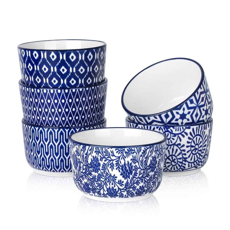 Selamica Ceramic 8 Oz Ramekins, Creme Brulee Ramekins, Oven Safe Baking Dishes/Cups for Souffle Custard Pudding, Small Bowls for Ice Cream Dip, Set of 6, Vintage Blue