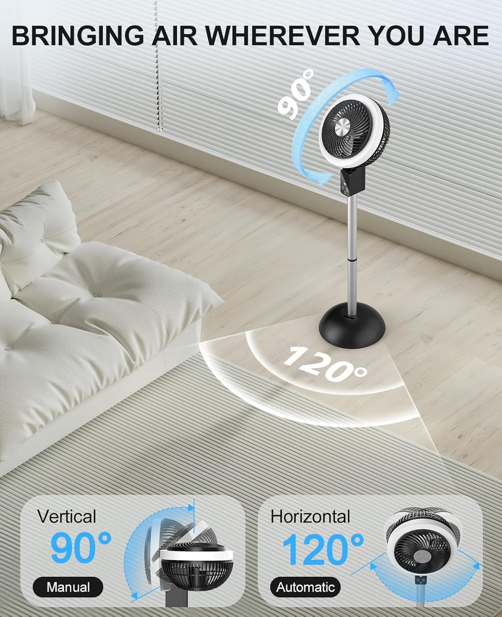Skiennix Portable Standing Fan - 10000mAh Rechargeable Battery | 90°+120° Oscillation, 8 Speeds, Adjustable Height